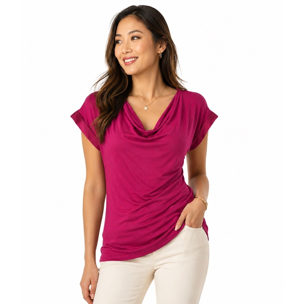 The Limited Magenta Pink Cowl‎ Neck Short Sleeve Blouse Top XS Preppy Chic 88-33